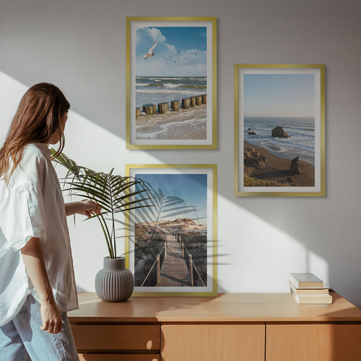 WANDBILDER 3er Set - 40x60 cm Goldrahmen - Strandwellen, Himmelsbrücke, Spaziergang - Goldfarben, Kunststoff (40/60cm) - ArtPrintCave
