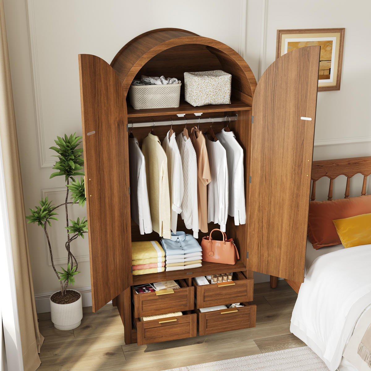 KLEIDERSCHRANK Gebogene Türen Stauraum Schubladen Schlafzimmer - Walnussfarben, Holzwerkstoff (50/179/80cm) - FLIEKS