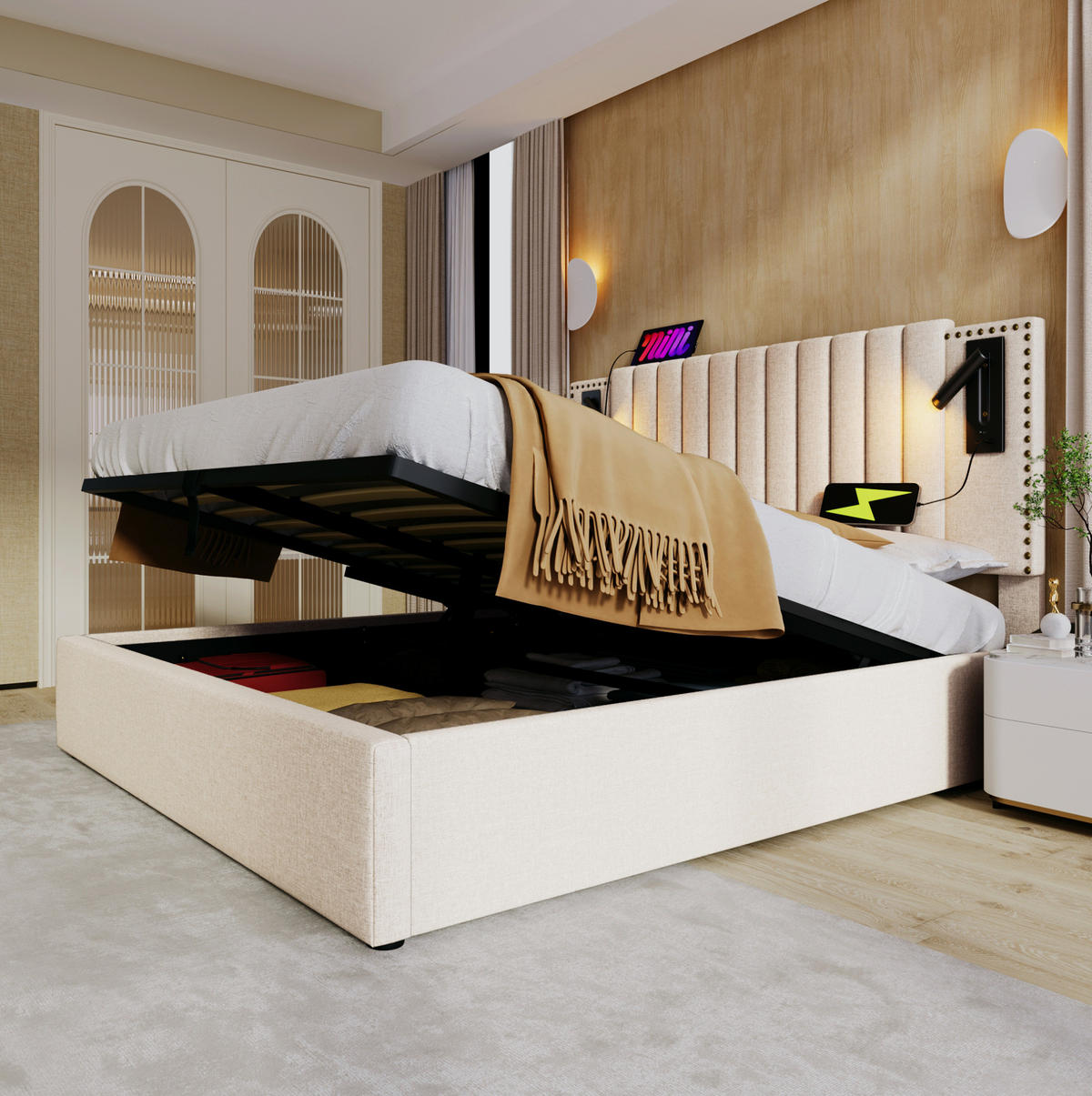 BETT mit Bettkasten 140x200 cm Beige inkl. Matratze - Beige, Metall (140/200cm) - Meubliv