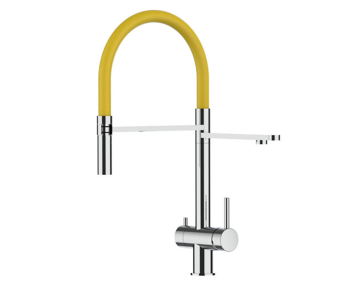 NIEDERDRUCK-3-WEGE-KÜCHENARMATUR, Edelstahl Massiv aus Chirurgenstahl, Hochglanz und Gelb, 2-Strahl-Brause - Gelb, Metall (24/49/24cm) - VIZIO
