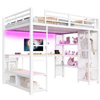HOCHBETT 140x200 cm in Weiß mit Schreibtisch, offenem Kleiderschrank und LED-Beleuchtung - Weiß, Holzwerkstoff (140/200cm) - IVMEU