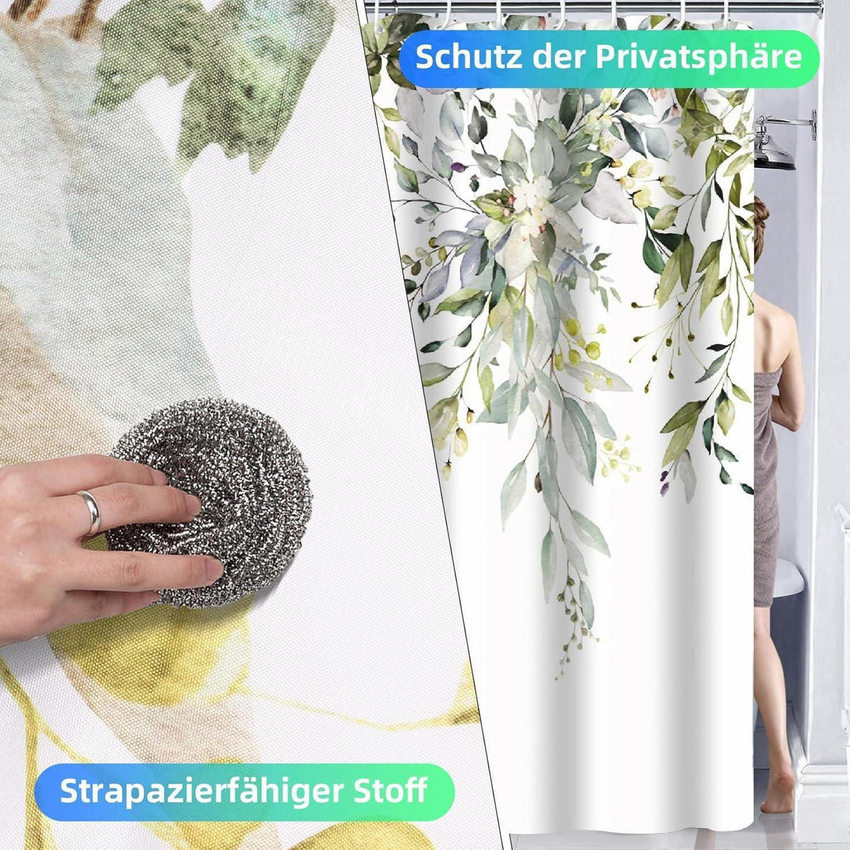 DUSCHVORHANG mit Haken 200 x 240 cm Grün Pflanzenmotiv - Grün, Textil (240/200cm)