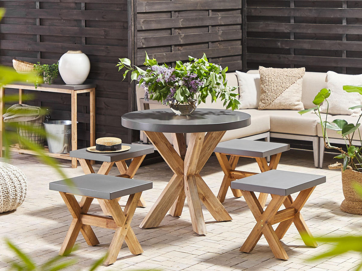 GARTENMÖBEL SET 4-Sitzer Faserzement grau 5-teilig Tisch 90 cm Olbia - Hellbraun/Grau, Stein - Beliani
