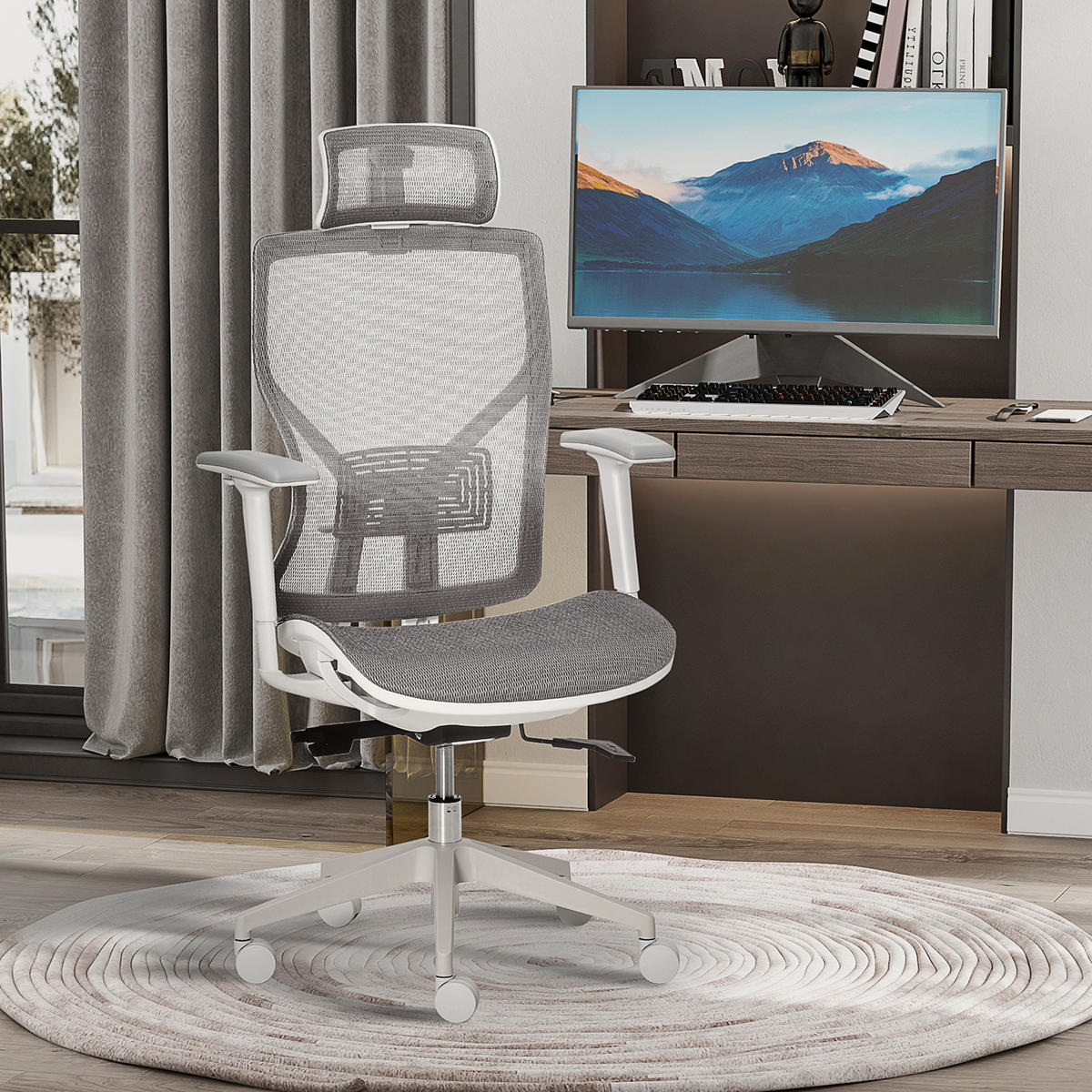 BÜROSTUHL Schreibtischstuhl höhenverstellbar mit 3D-Armlehne 3 Stufen Mesh Grau - Grau, Kunststoff (65/128/67cm) - Vinsetto