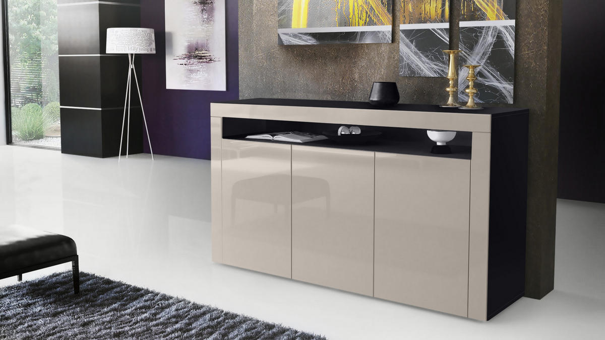 SIDEBOARD Valencia Sandgrau Hochglanz / Sandgrau Hochglanz - Sandfarben, Holzwerkstoff (155/92/40cm) - Vladon