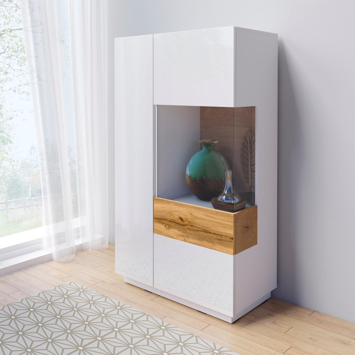 VITRÍNA Andrea Bílá a dřevo - bílá, kompozitní dřevo (80/139/40cm) - Petits-meubles