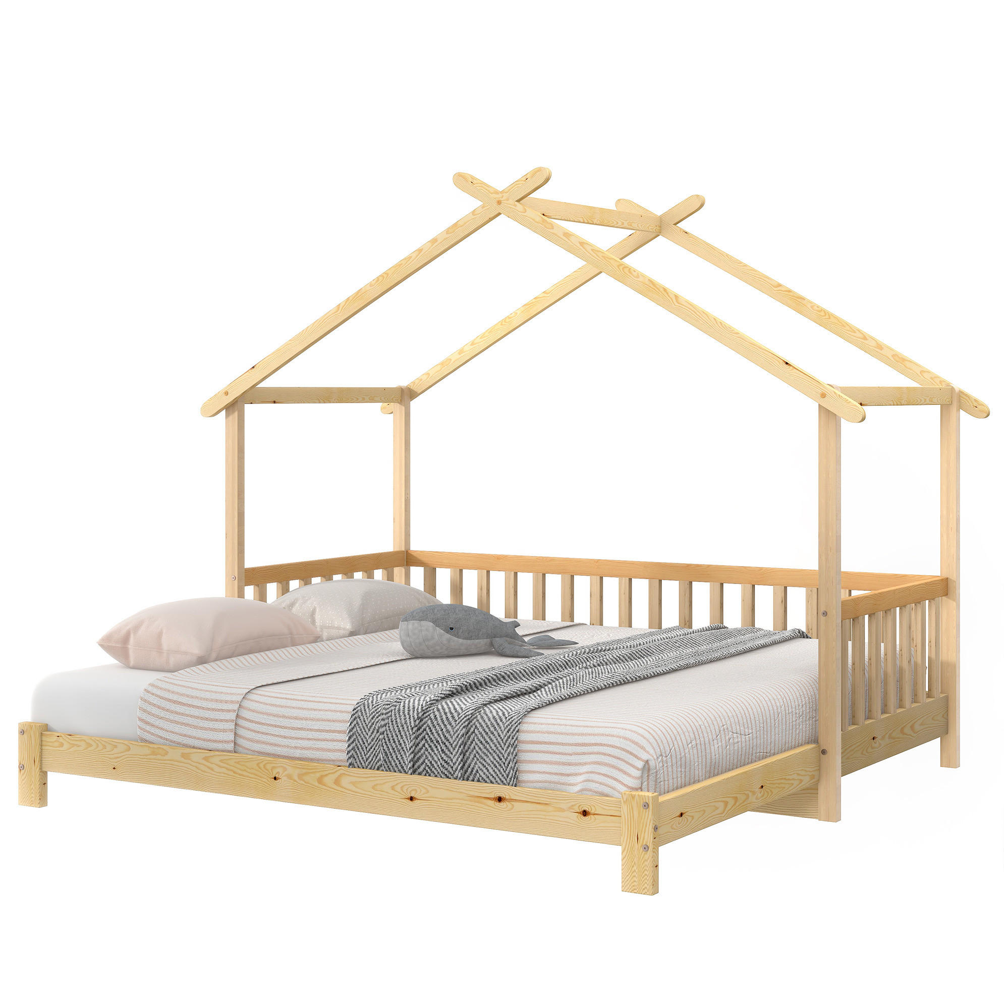 OKWISH ROZKLÁDACÍ postel domek 200/90-200/180 cm přírodní z masivu s třístranným zábradlím