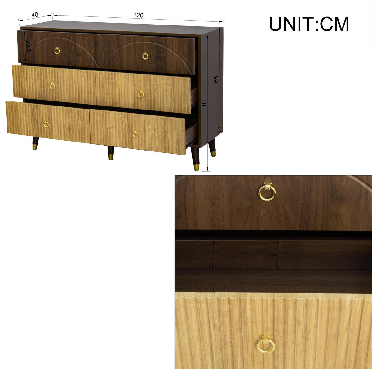 KOMODA 120/40/81 cm přírodní z MDF a dřevotřísky se 6 zásuvkami - přírodní, kompozitní dřevo (120/81/40cm) - OKWISH