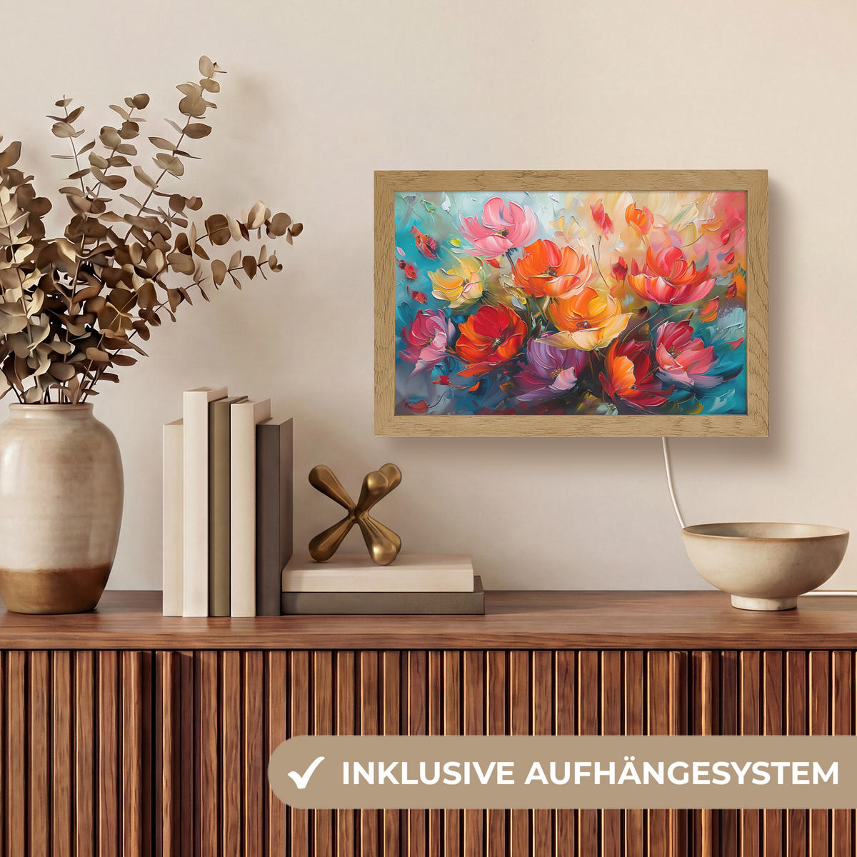 STOLNÍ LAMPA Květiny - barevné - malba - abstraktní - umění 30x20 cm - barva hliníku, kompozitní dřevo (8/30/20cm) - OnlyWow