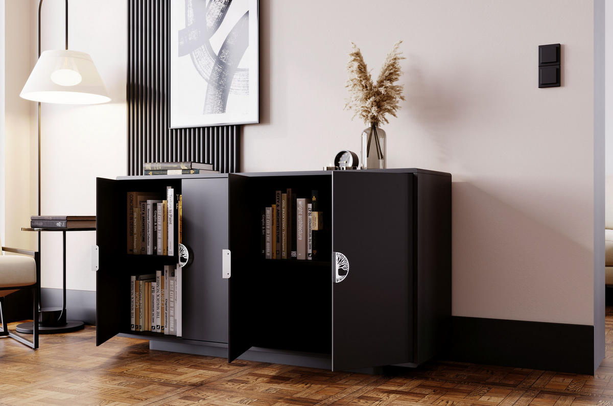 SIDEBOARD Lotta, Schwarz, Silberne Griffen, Abgerundete Kanten - Schwarz, Holzwerkstoff (139/75/40cm) - Dancan