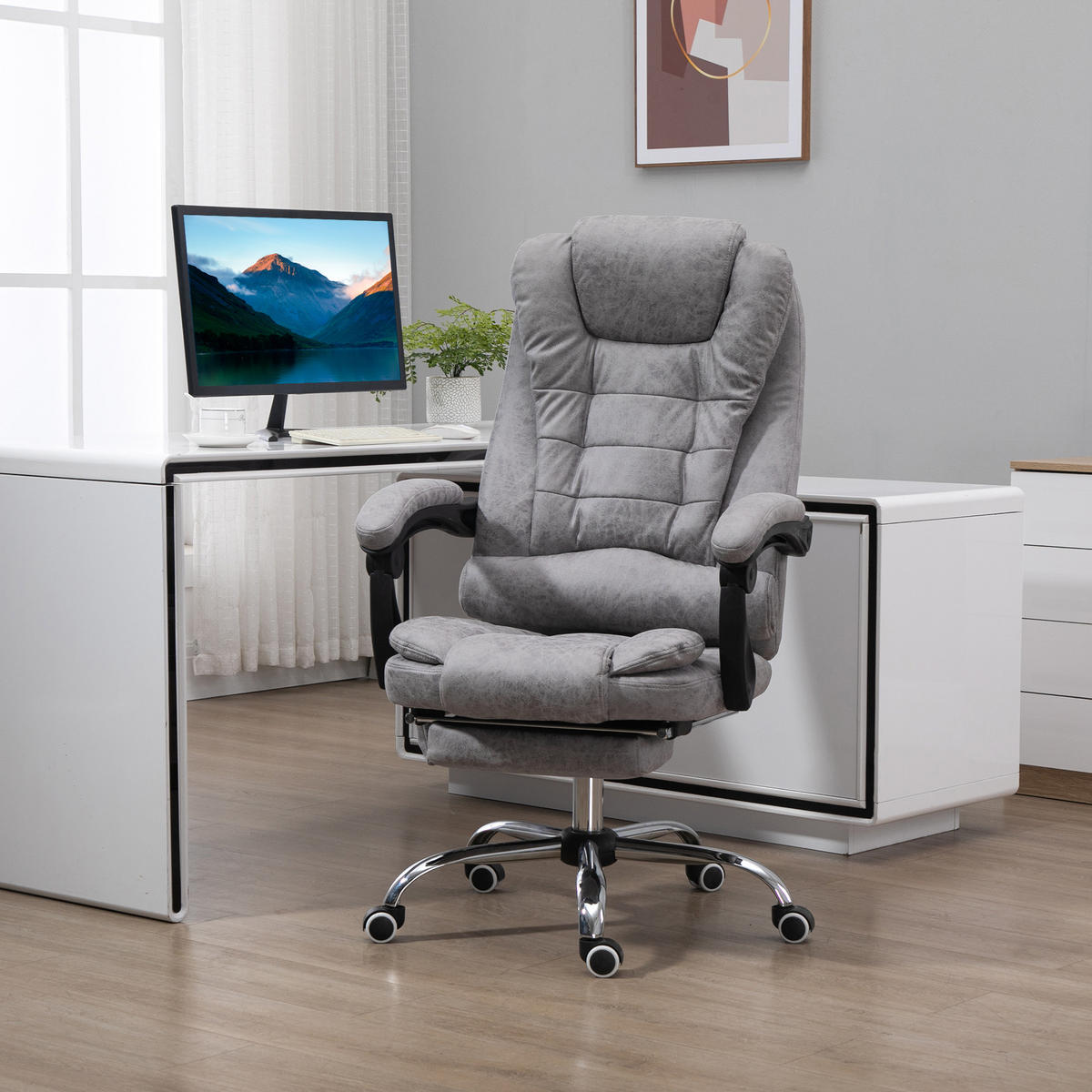 CHEFSESSEL mit Massagefunktion, Schreibtischstuhl mit Liege- & Wärmefunktion Grau - Anthrazit/Silberfarben, Kunststoff/Textil (70/119/65cm) - Vinsetto