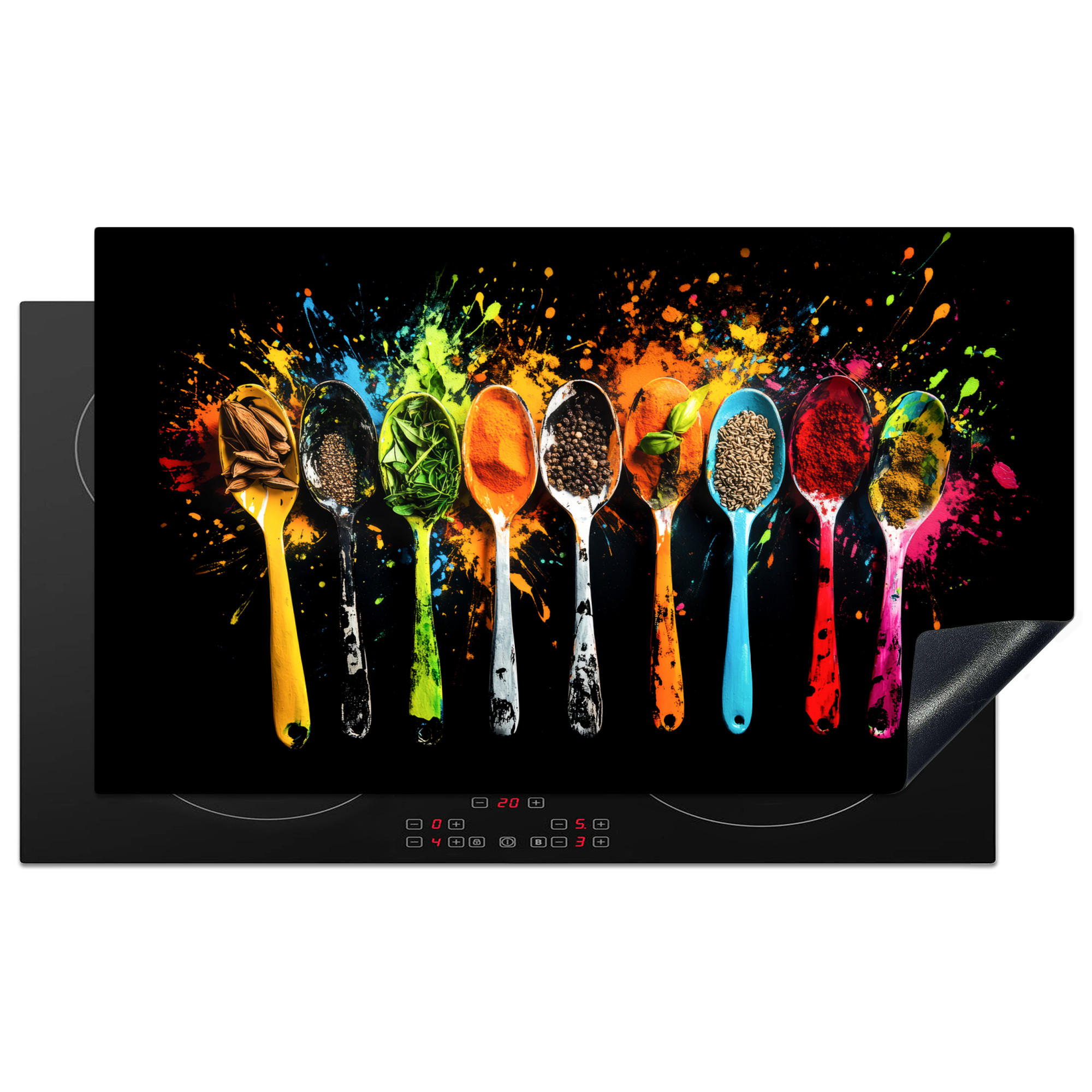 HERDABDECKPLATTE Löffel - Gewürze - Modern - Graffiti - Farbe - Farbenfroh 90x52 cm - Multicolor, Kunststoff (90/0.2/52cm) - MuchoWow