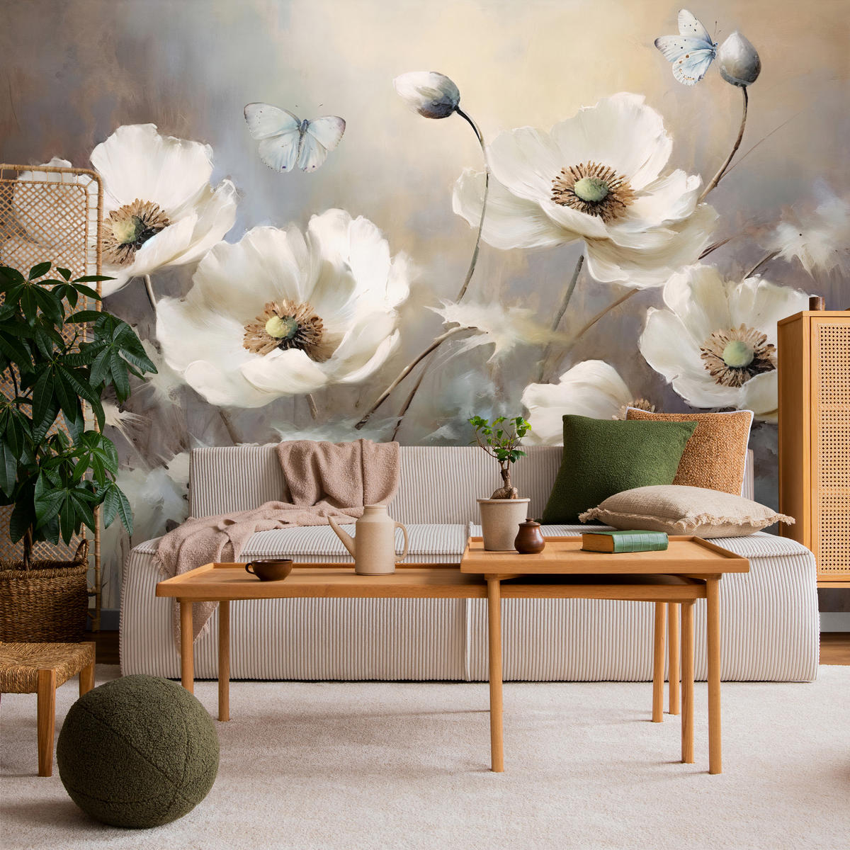 FOTOTAPETE für Schlafzimmer Abstrakte Weiße Mohnblumen Schmetterlinge Aquarell 300x210 - Beige/Braun, Papier (300/210cm) - Muralo