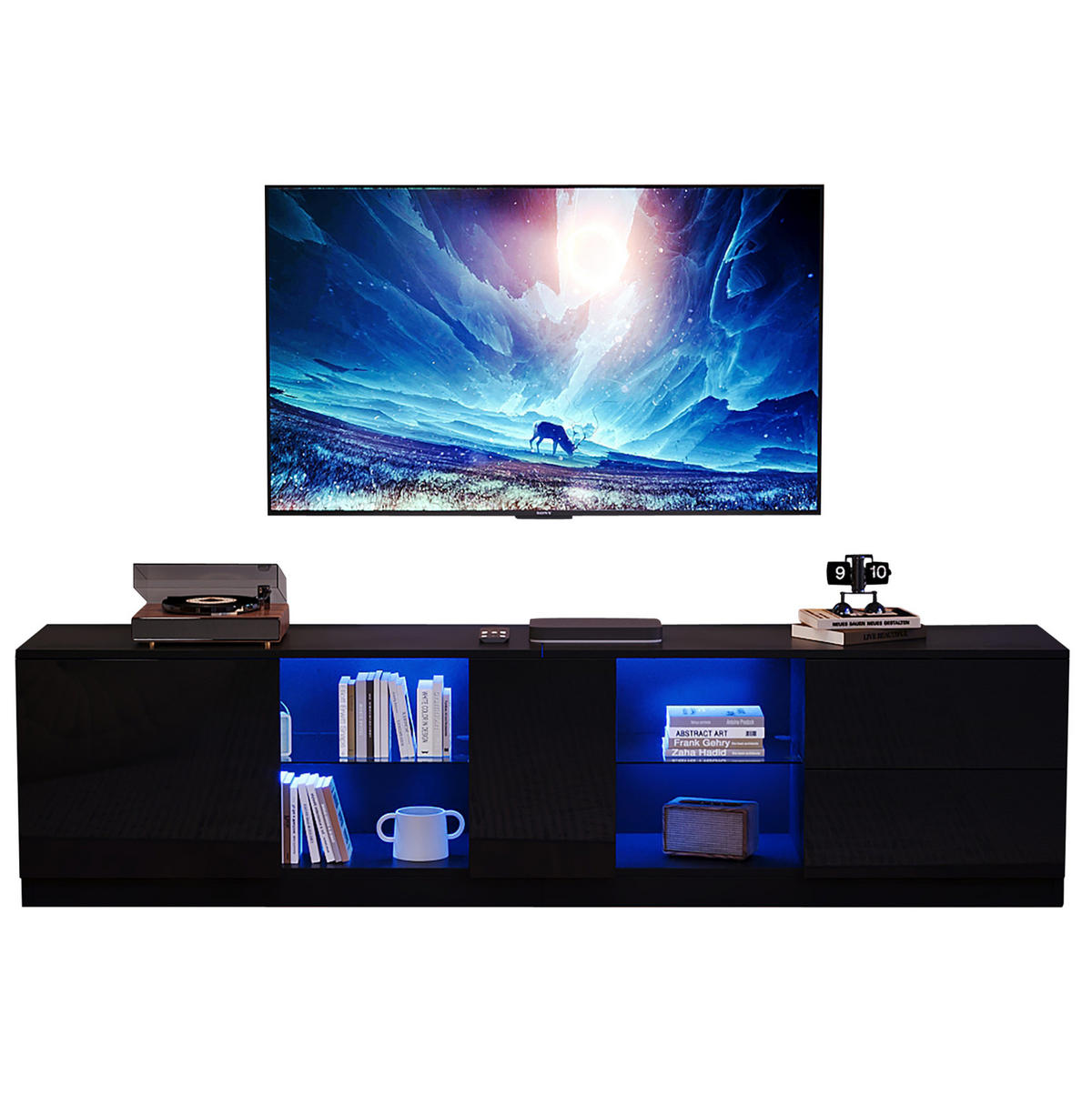LOWBOARD 160/40/52 cm aus MDF mit Hochglanzfront und LED-Beleuchtung Schwarz - Schwarz, Holzwerkstoff (160/52/40cm) - Modenvie