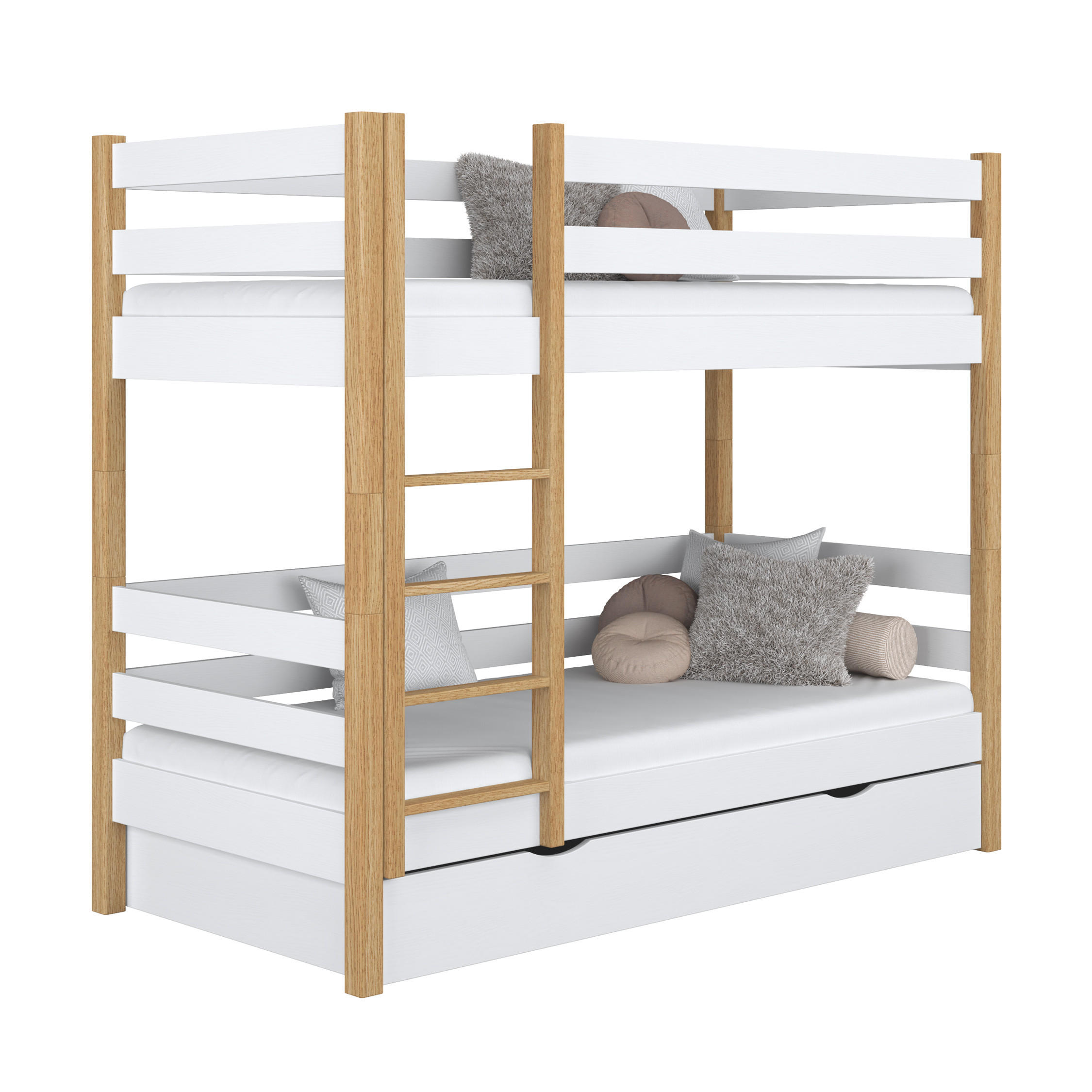 ETAGENBETT N01 mit Schublade Weiß / Eiche Natur 120/200 - Eiche Artisan/Weiß, Naturmaterialien/Holz (120/200cm) - N-Wood