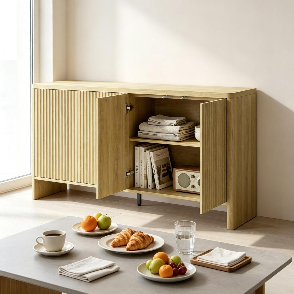 SIDEBOARD DE-38091 147/40/77 cm mit 2 Schränken und verstellbaren Regalen Eiche - Eichefarben, Holzwerkstoff (147/77/40cm) - ComfortXL