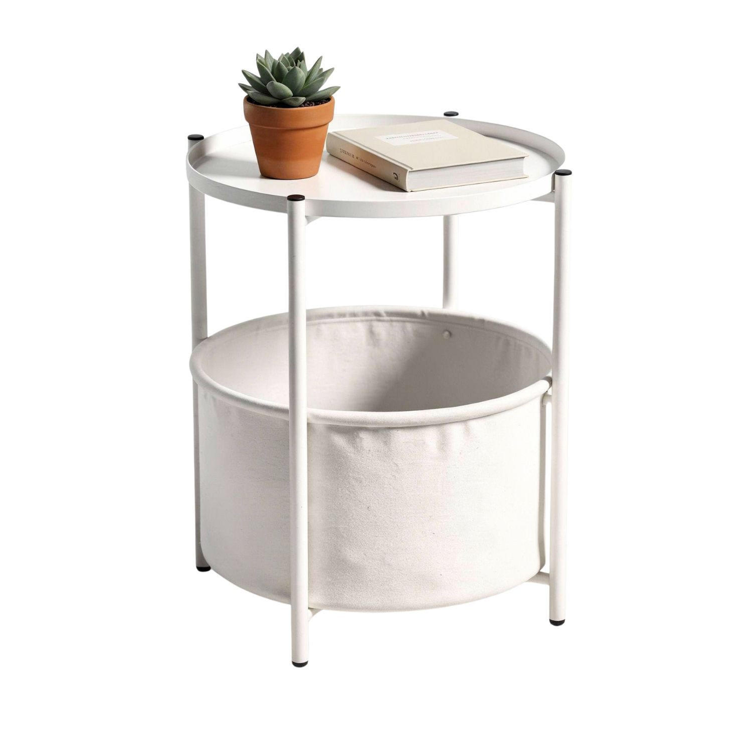 COUCHTISCH NINA rund Metall mit Aufbewahrungskorb Canvas Weiß - Weiß, Metall (45/45/48cm) - Coemo