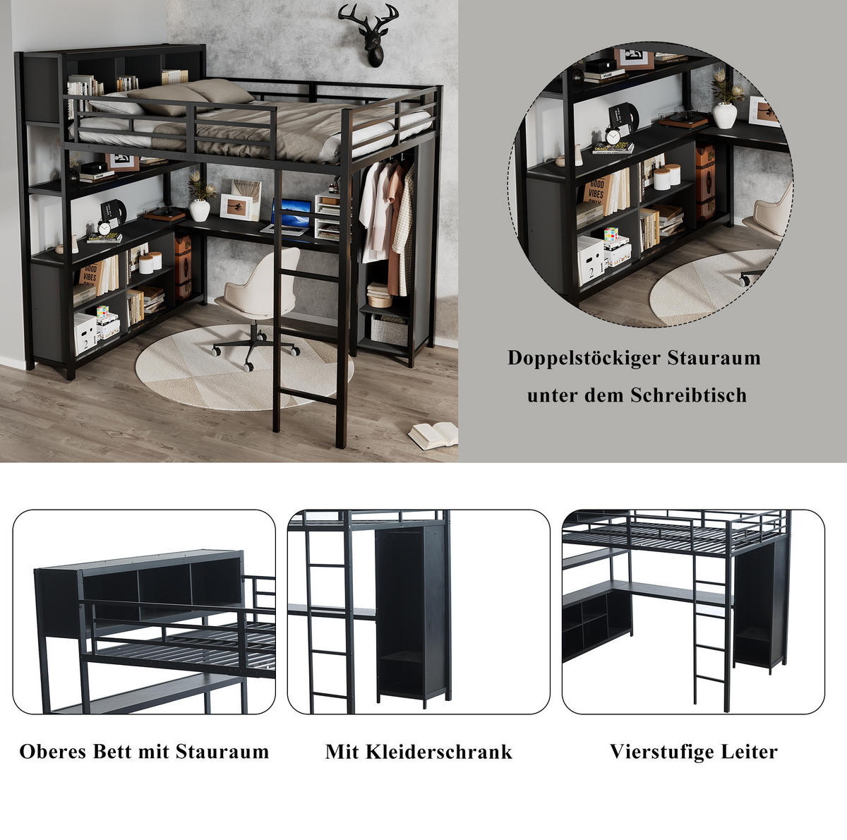 HOCHBETT 140/200 cm mit Schreibtisch, doppeltem Stauraum, Kleiderschrank und 4-stufiger Leiter, Schwarz - Schwarz, Metall (90/200cm) - Redom