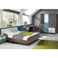 JUGENDZIMMER Raven in Schlammeiche, Grau kombiniert mit Weiß, Schwarz und Orientalisch Grün 4 teilig mit Drehtürenschrank - Grau, Holzwerkstoff (120/200/80cm)