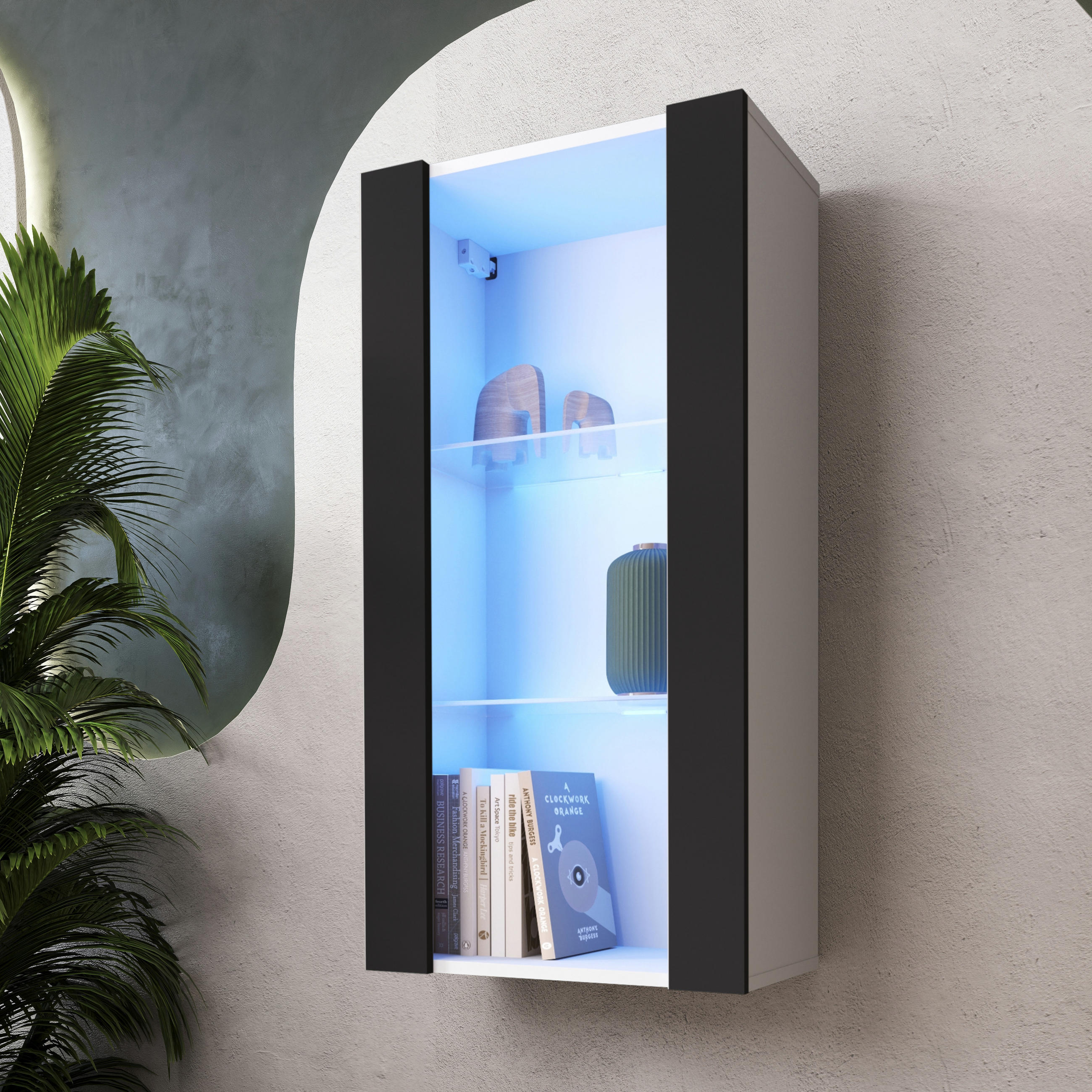 HÄNGEVITRINE TIVOLI Vertical 100, Schwarz, LED Blau - Schwarz/Weiß, Glas/Holzwerkstoff (50/100/29.5cm) - Komodee
