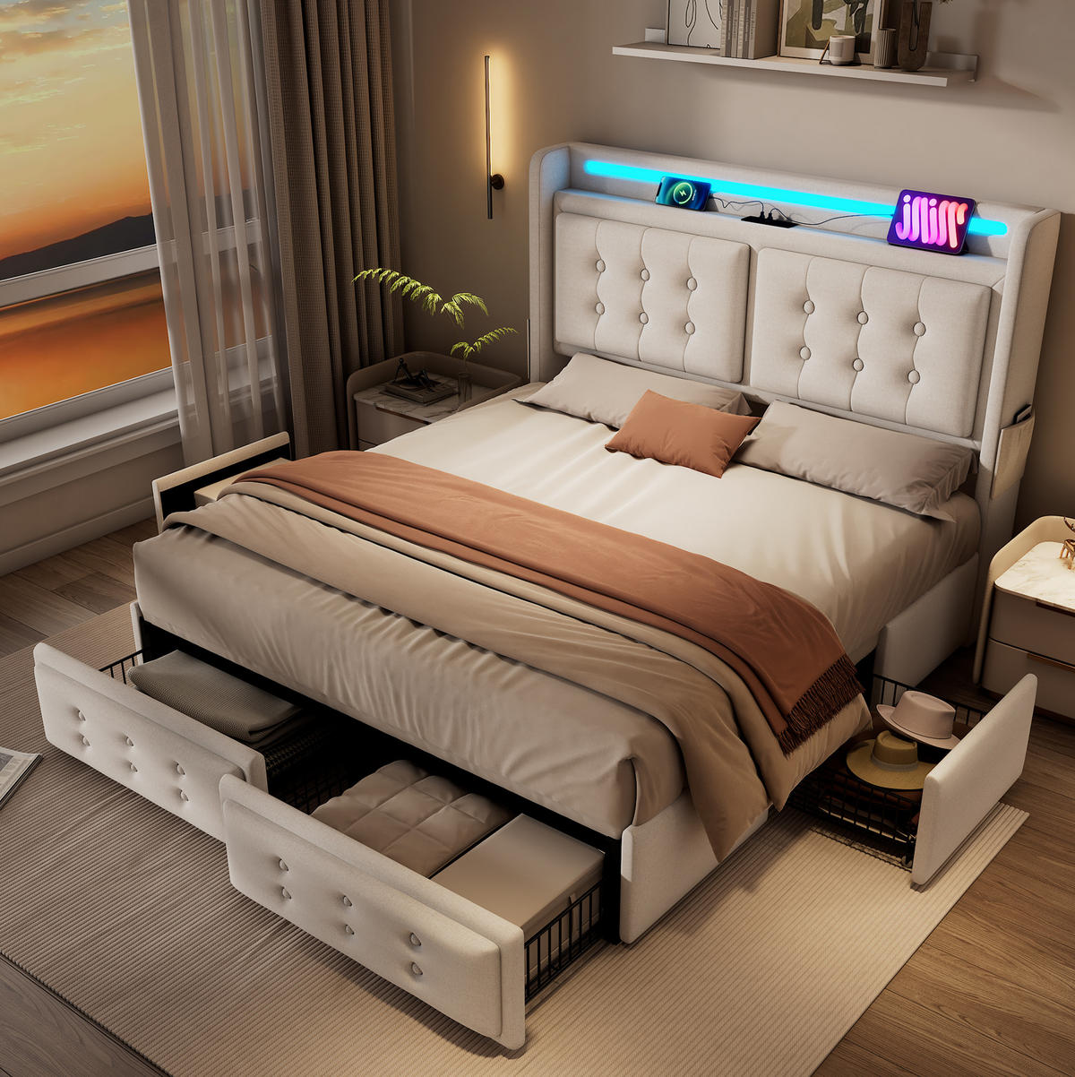 POLSTERBETT aus Baumwoll-Leinen 140x200 cm in Beige mit LED & USB-C-Ladefunktion - Beige, Textil (140/200cm) - Modfu