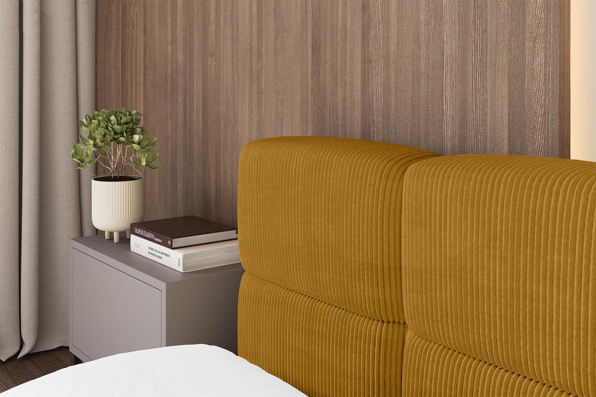 POLSTERBETT mit Bettkasten und Lattenrost, Bett mit Matratze H3/H4, Kopfteil, Boxbett, Doppelbett mit Stauraum - NATA-v1 200x200 Senfgelb - Kupferfarben, Holzwerkstoff/Textil (200/200cm) - ALTDECOR