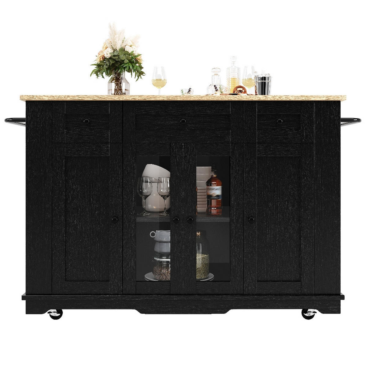 KÜCHENINSEL Klappbare Arbeitsplatte, Buffetschrank mit Glastüren, Schwarz-Holzmaserung, Küche, 151,5/85/91,7 cm - Schwarz, Kunststoff (60/91.7/151.5cm) - Rolipo