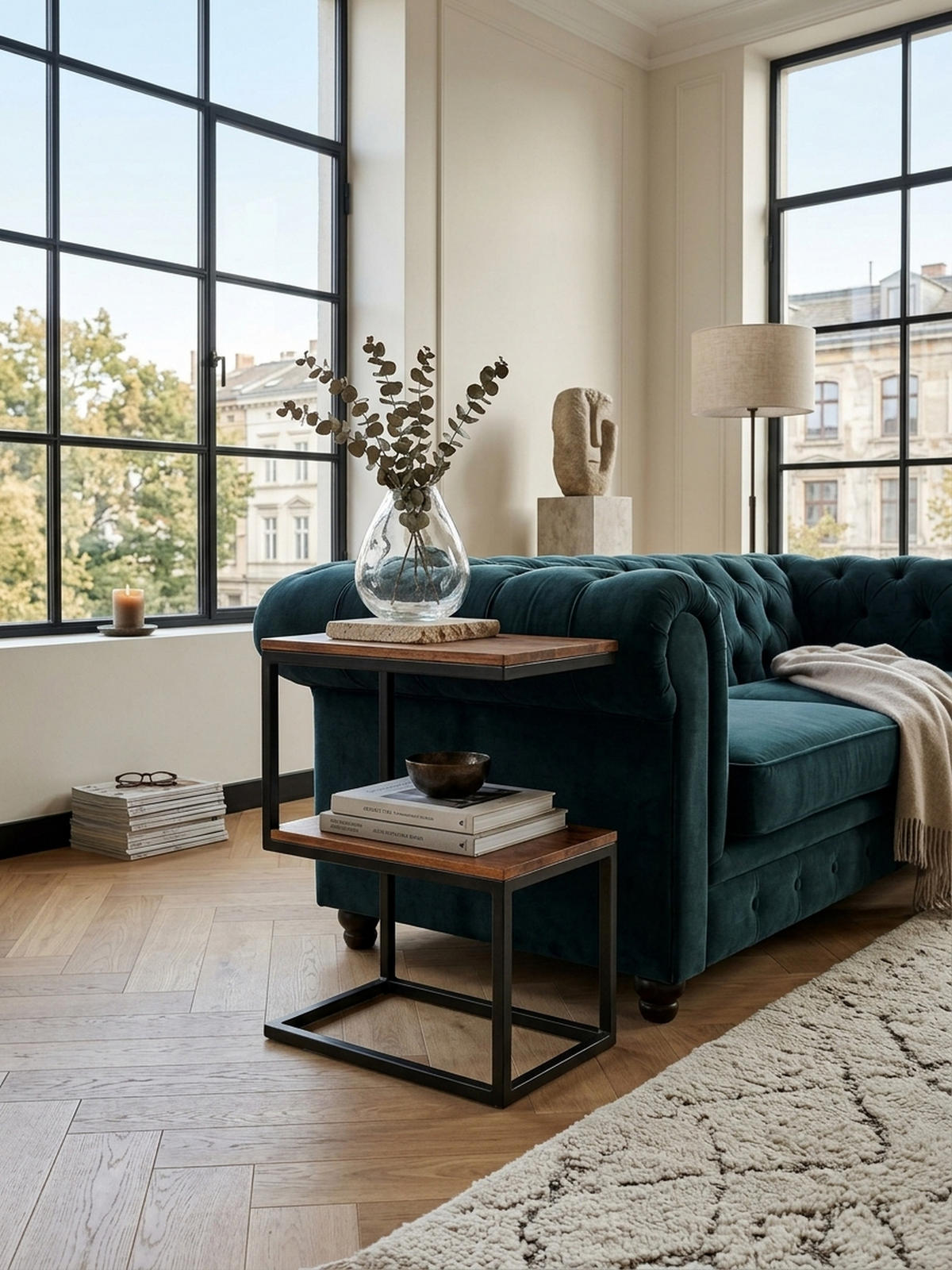 BEISTELLTISCH Massivholz S-Design Metallgestell Ablageflächen INDI, Braun 45x30x60 cm - Schwarz/Braun, Holz/Metall (30/45/60cm) - KADIMA DESIGN