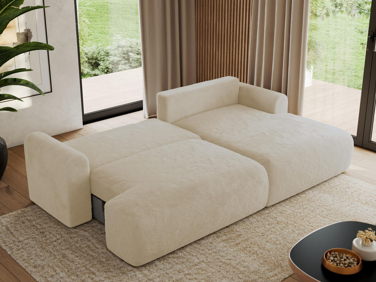 ECKSCHLAFSOFA TONO L Creme Plüsch - rechts - Creme/Schwarz, Kunststoff/Textil (150/260cm) - MKS