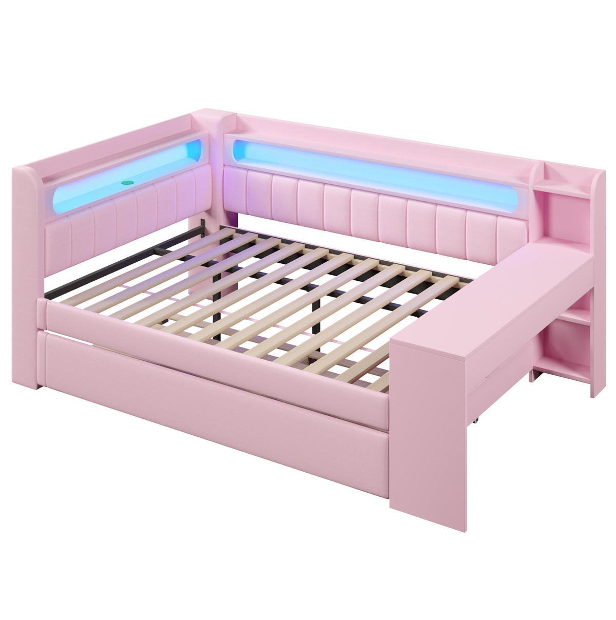 POLSTERBETT 140/200 cm mit LED-Beleuchtung, USB und Ausziehbett in Rosa - Rosa, Holzwerkstoff (140/200cm) - BEAOK