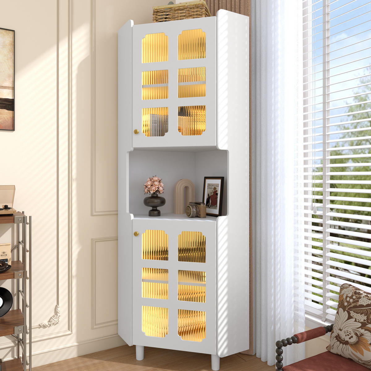 HOCHSCHRANK 63,5/63,5/157,5 cm aus MDF mit App-gesteuerter LED-Beleuchtung Weiß - Weiß, Holzwerkstoff (63.5/157.5/17cm) - Modenvie