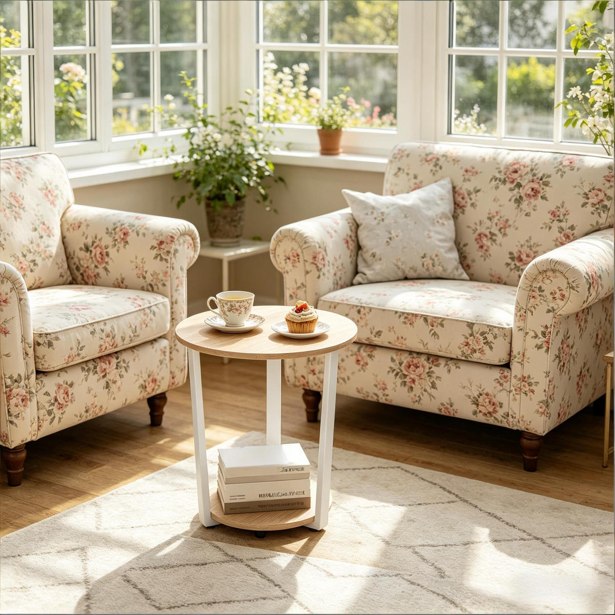 BEISTELLTISCH DE-37223 rund mit 2 Regalen Helle Eiche - Eichefarben, Metall (50/50/53cm) - ComfortXL