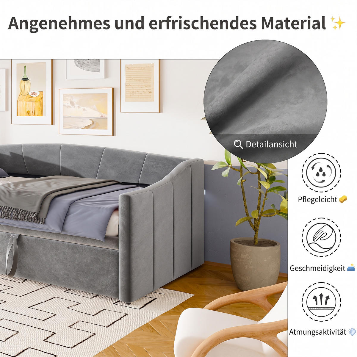 SCHLAFSOFA 2 sitzer, 90x200 cm, mit Lattenrost, Samt Grau, für das Wohnzimmer - Grau, Holz/Textil (210/74/100cm) - GENKI LIVING