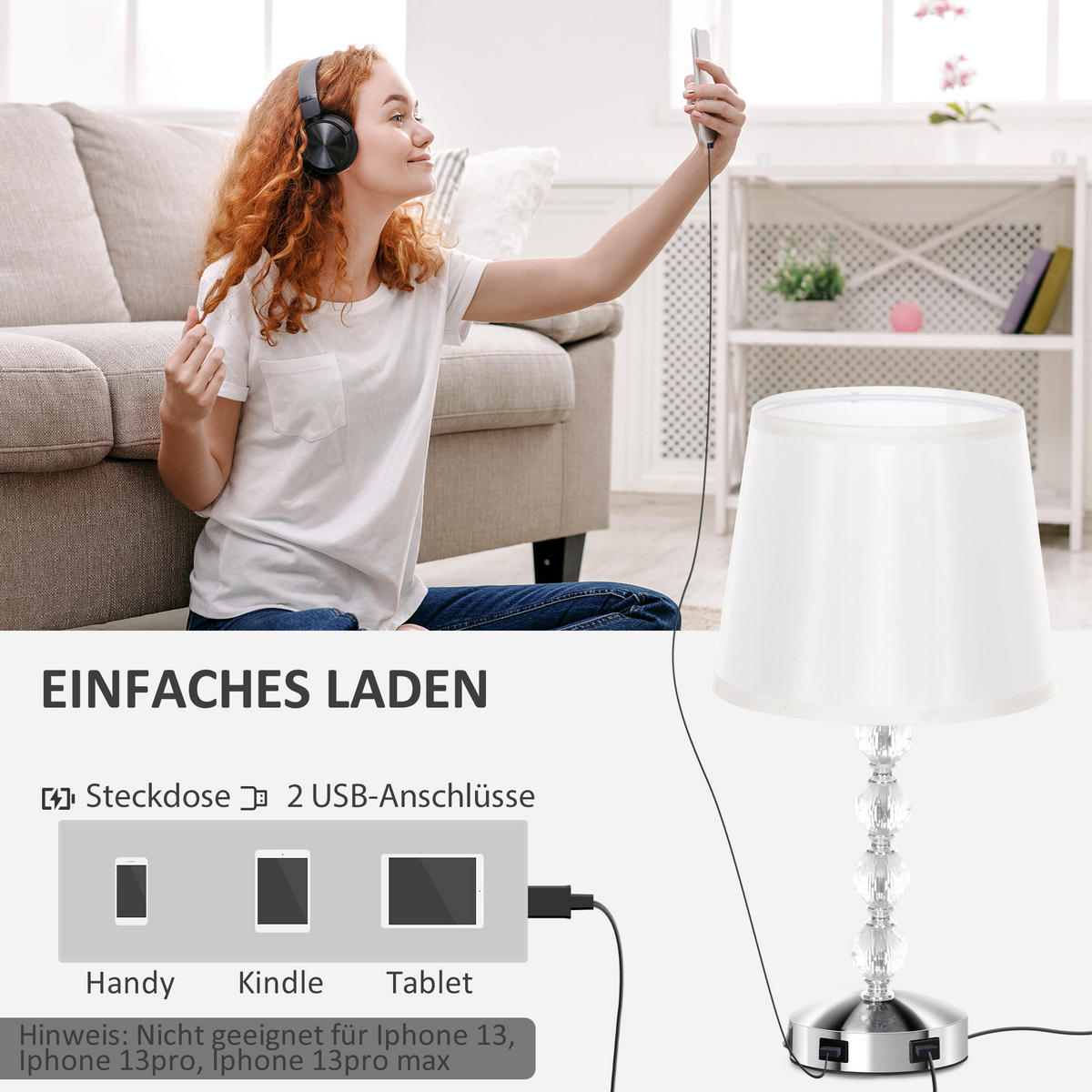 TISCHLAMPE LED Tischleuchte USB Aufladbar, Silber 23 x 23 x 45 cm - Weiß, Metall (23/23/45cm) - HOMCOM