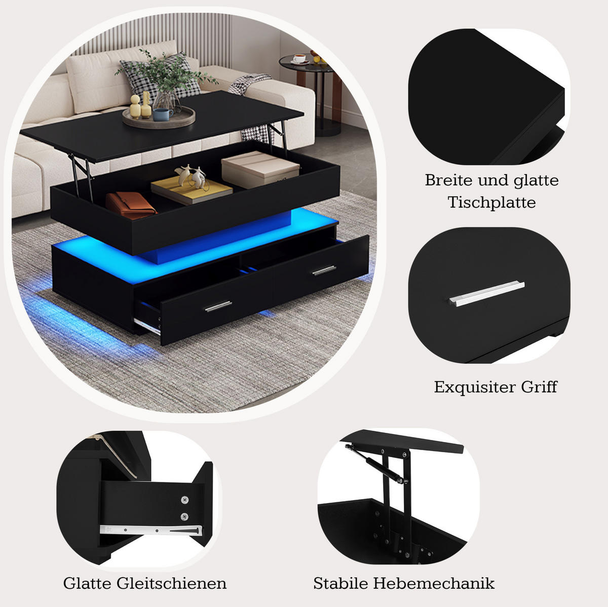 COUCHTISCH 100/50/44 cm schwarz aus Spanplatte mit LED-Beleuchtung und Stauraum - Weiß, Holzwerkstoff (100/50/44cm) - OKMYHOME