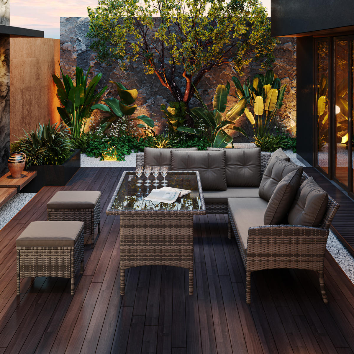 GARTENMÖBELSET 195x144x95cm grau aus Rattan und Stahl, waschbar - Grau, Metall - Modfu