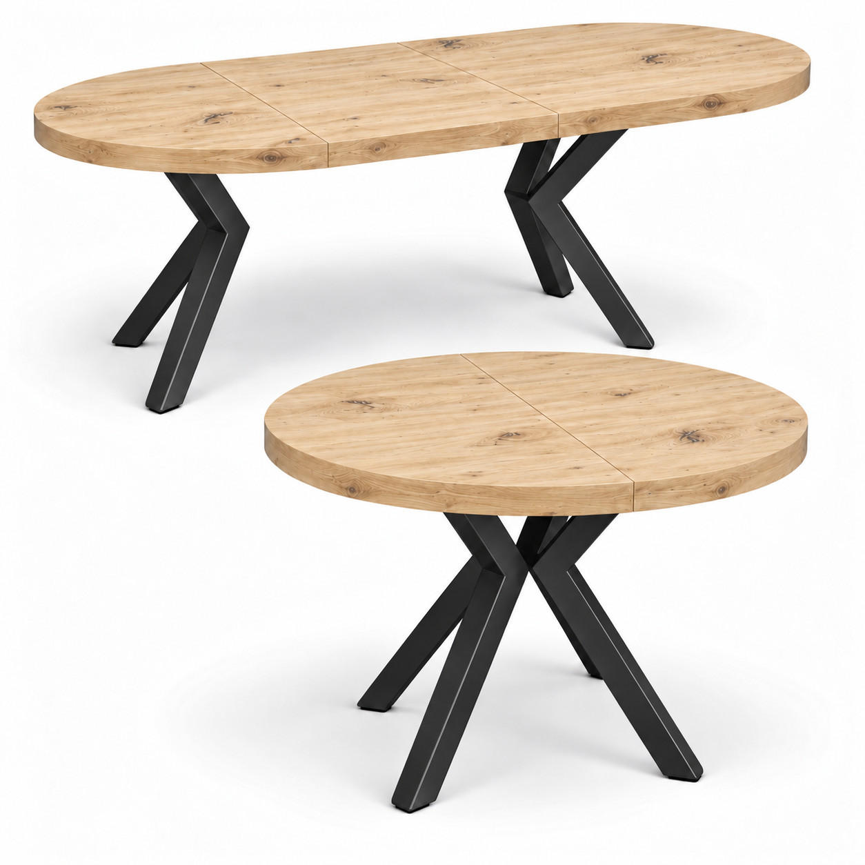 ESSTISCH rund ausziehbar 100/200/76 cm, Hellbraun Artisan Eiche, 54 cm Tischplatte + X Metallbeine Schwarz - Schwarz/Eiche Artisan, Holzwerkstoff/Metall (100/200/76cm) - Damale Möbel