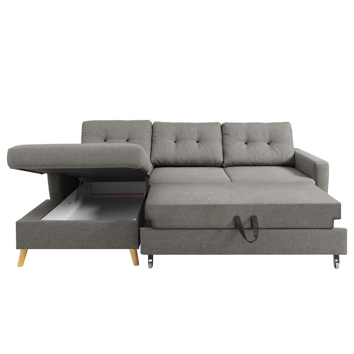 ECKSOFA mit Longchair - Hellbraun/Grau, Holz/Textil (233/148cm) - home24