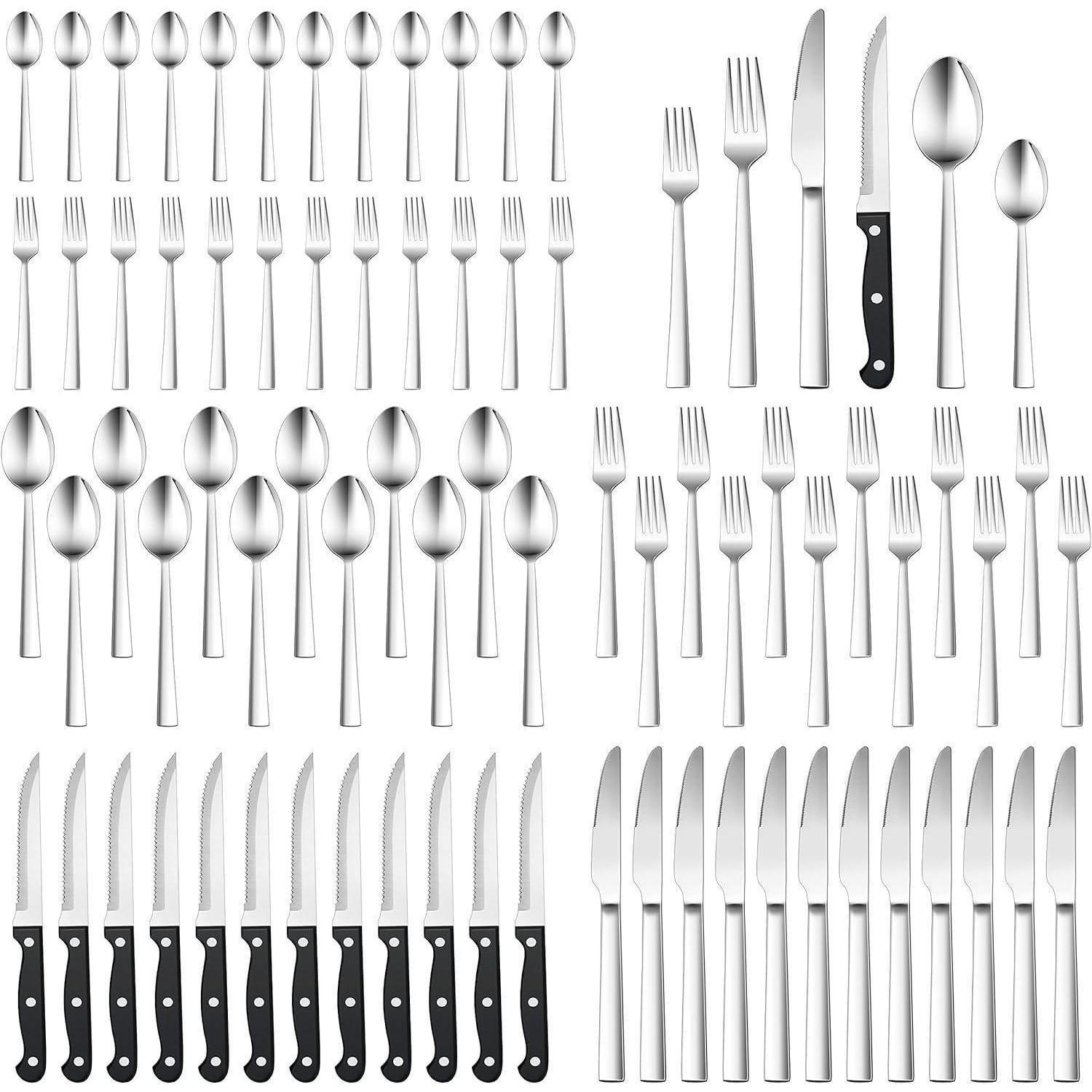 BESTECKSET 72-teilig für 12 Personen mit Steakmessern Edelstahl spülmaschinenfest - Silberfarben, Metall