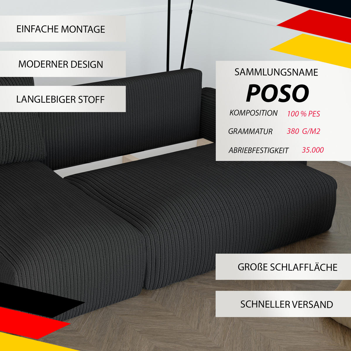 ECKSOFA mit Schlaffunktion und Bettkasten, Schwarz - Schwarz, Holzwerkstoff/Textil (244/98cm) - Idohome
