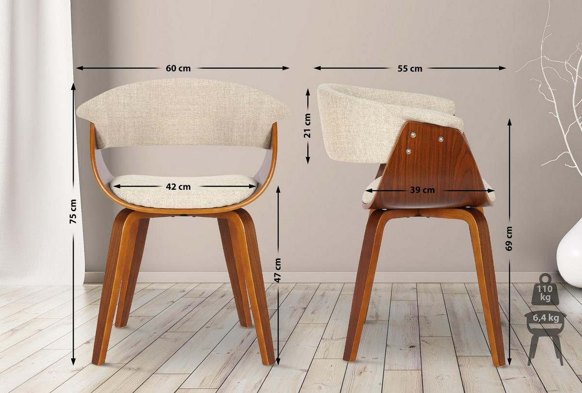 ARMLEHNENSTUHL 2er Set Stoff Walnuss/Creme - Walnussfarben/Creme, Holz/Textil (60/75/55cm) - CLP