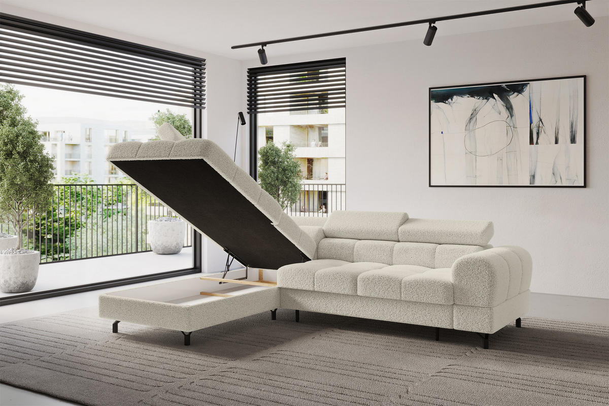 ECKSOFA mit Schlaffunktion Ottomane Links LUMA-L 272x203x70 Beige Bouclé - Sandfarben/Schwarz, Holzwerkstoff/Kunststoff (272/203cm) - ALTDECOR