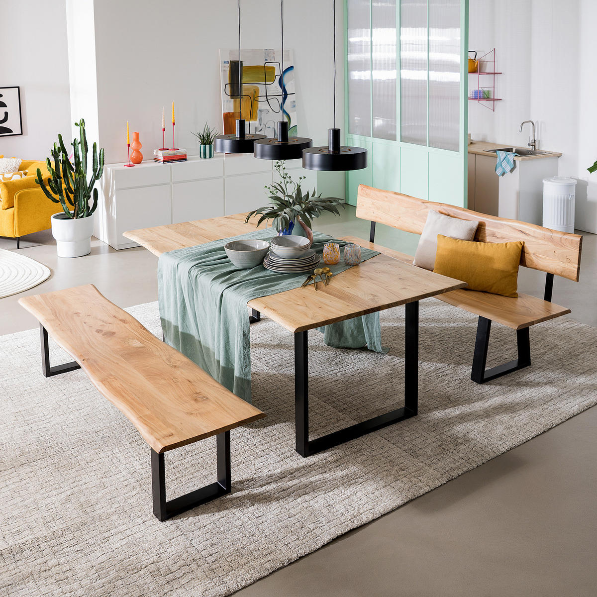 ESSTISCH mit Massivholzplatte - Metall / Massivholz - Akazie Braun / Schwarz - Schwarz/Braun, Holz/Metall (100/200/76cm) - home24