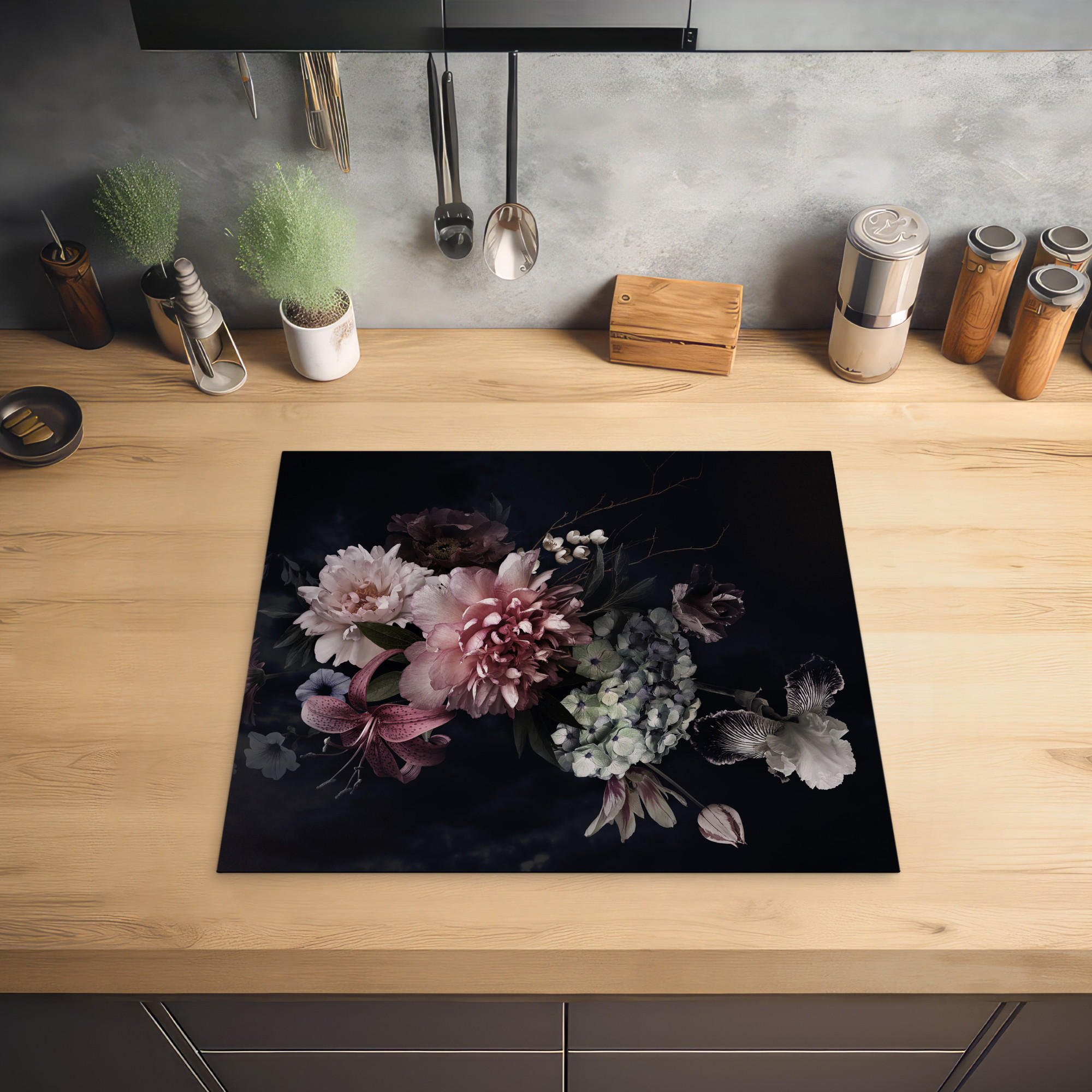 HERDABDECKPLATTE Blumen - Vintage - Pastell - Rosa - Weiß 60x52 cm - Altrosa, Kunststoff (60/0.2/52cm) - MuchoWow