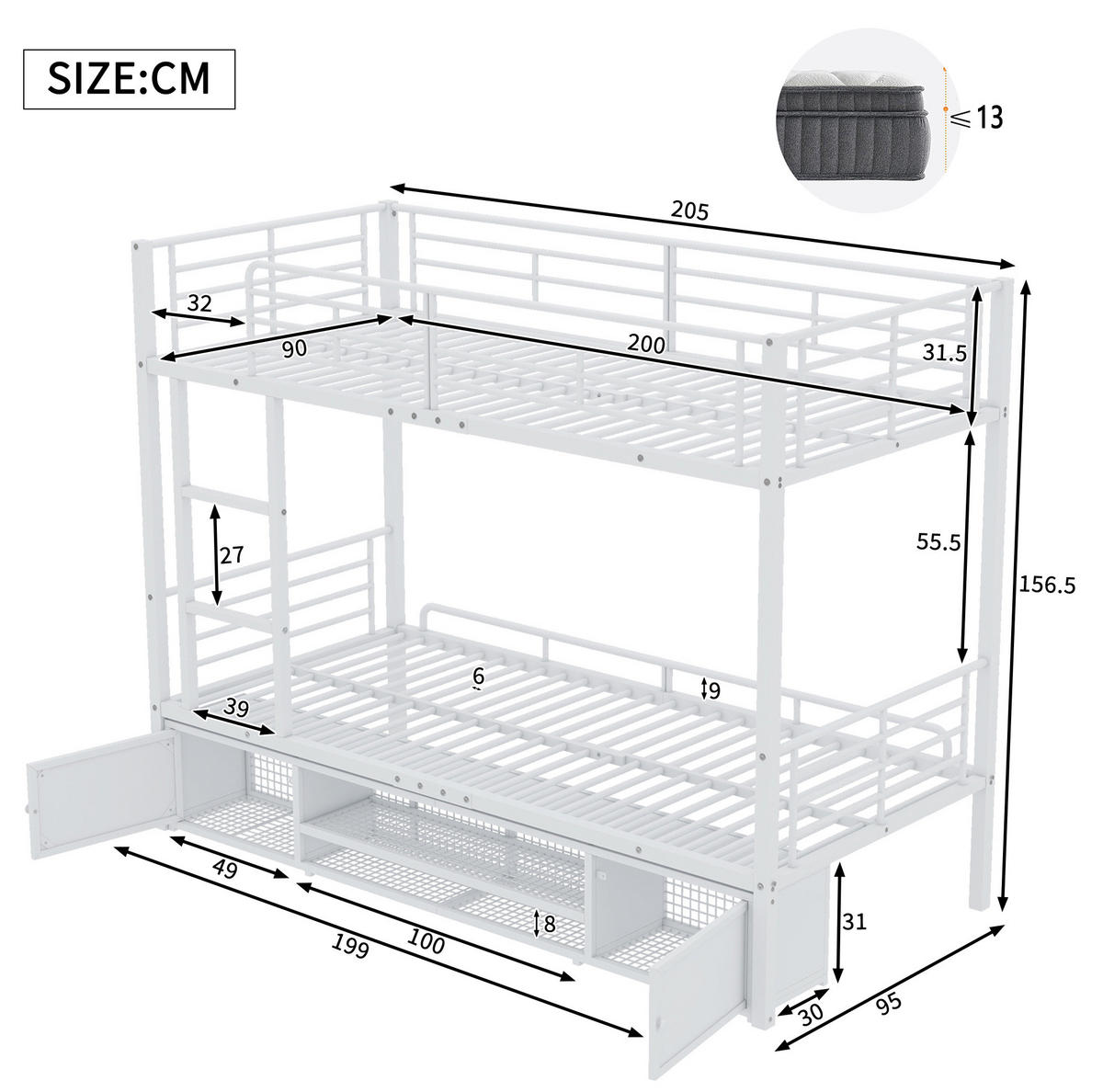 ETAGENBETT 90/200 cm Weiß aus Metall mit Schuhablage - Weiß, Metall (90/200cm) - Flora Grace