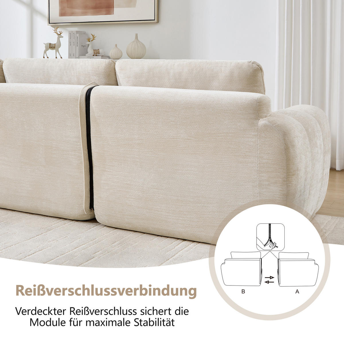 3-SITZER-SOFA DE-34464 Karostepp-Design und 32D-Schaum Beige - Beige, Textil (97/68/264cm) - ComfortXL