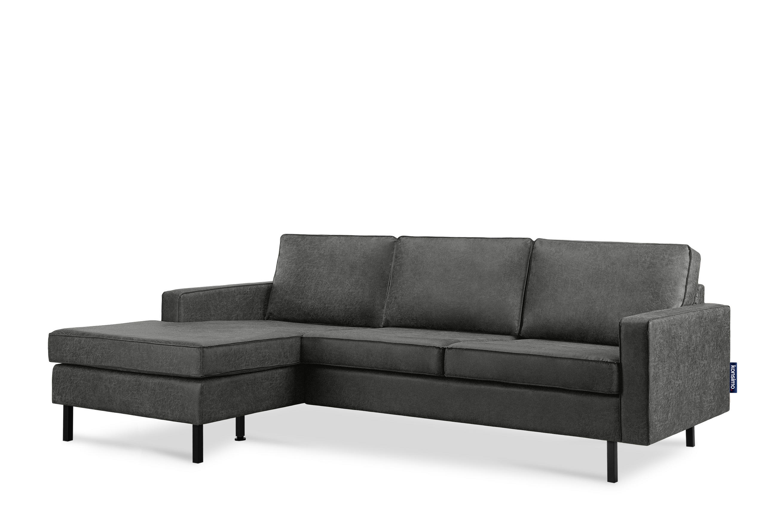 ECKSOFA-LINKS INVIA mit Armlehnen vintage, Lederoptik-Stoff, dunkelgrau - Dunkelgrau/Schwarz, Textil (234/160cm) - KONSIMO®