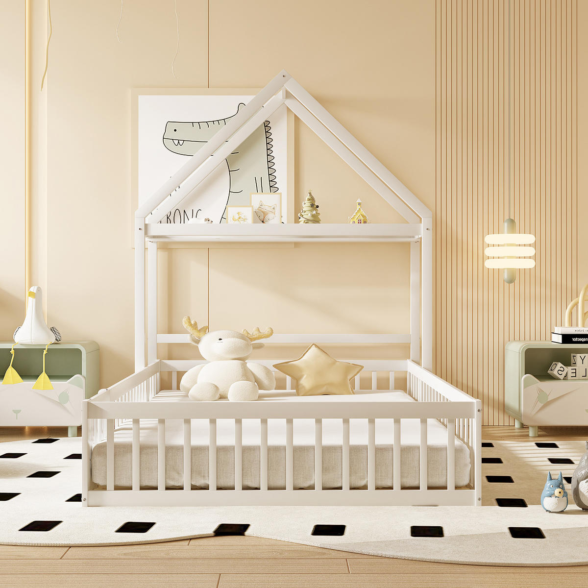 HAUSBETT 140/200 cm Weiß aus Massivholz mit Stauraum und Lattenrost - Weiß, Holz (140/200cm) - OKWISH