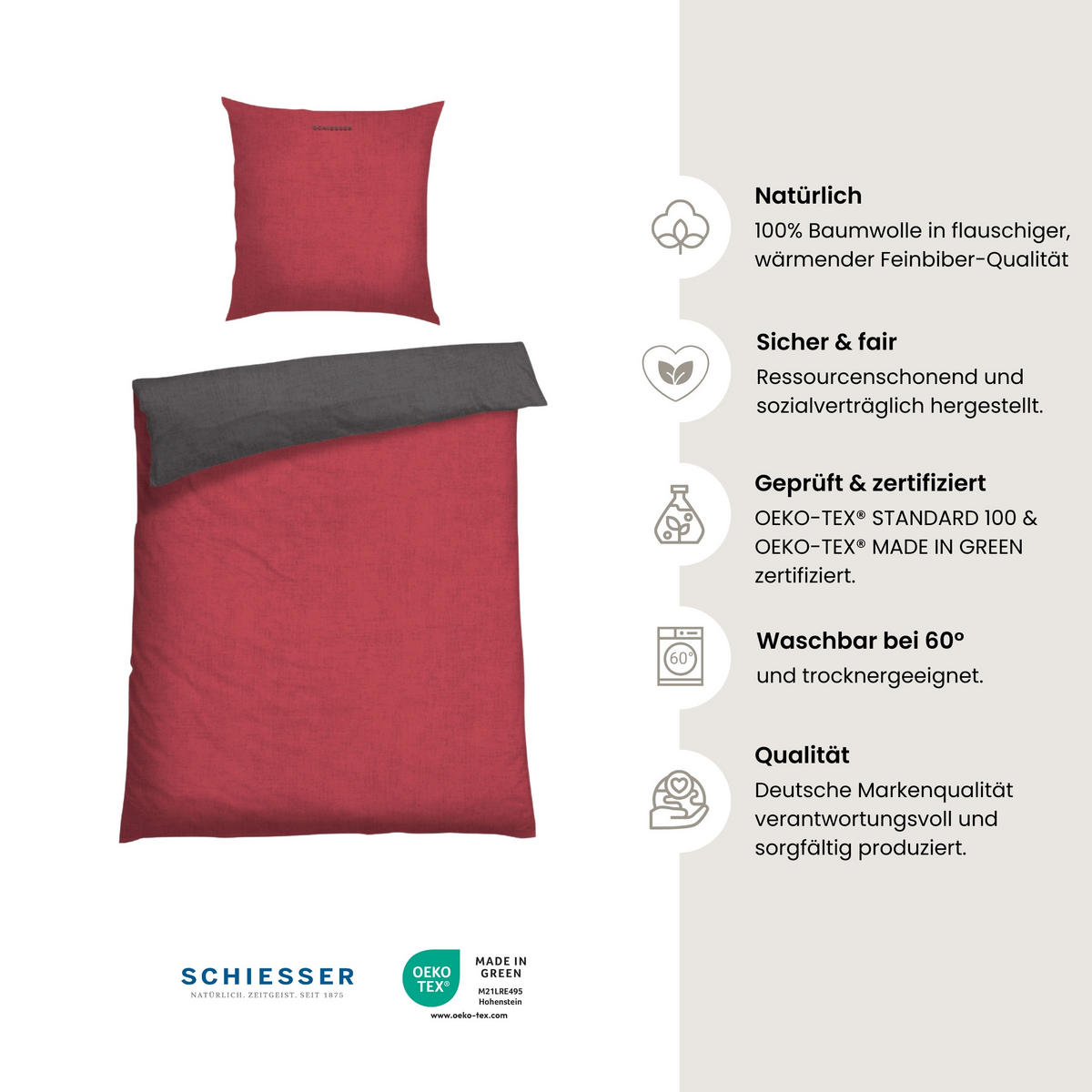 BETTWÄSCHESET Doubleface - Feinbiber - 2-teilig - 155 x 220 cm - Rot-Dunkelgrau - Dunkelgrau, Textil (155/220cm) - SCHIESSER