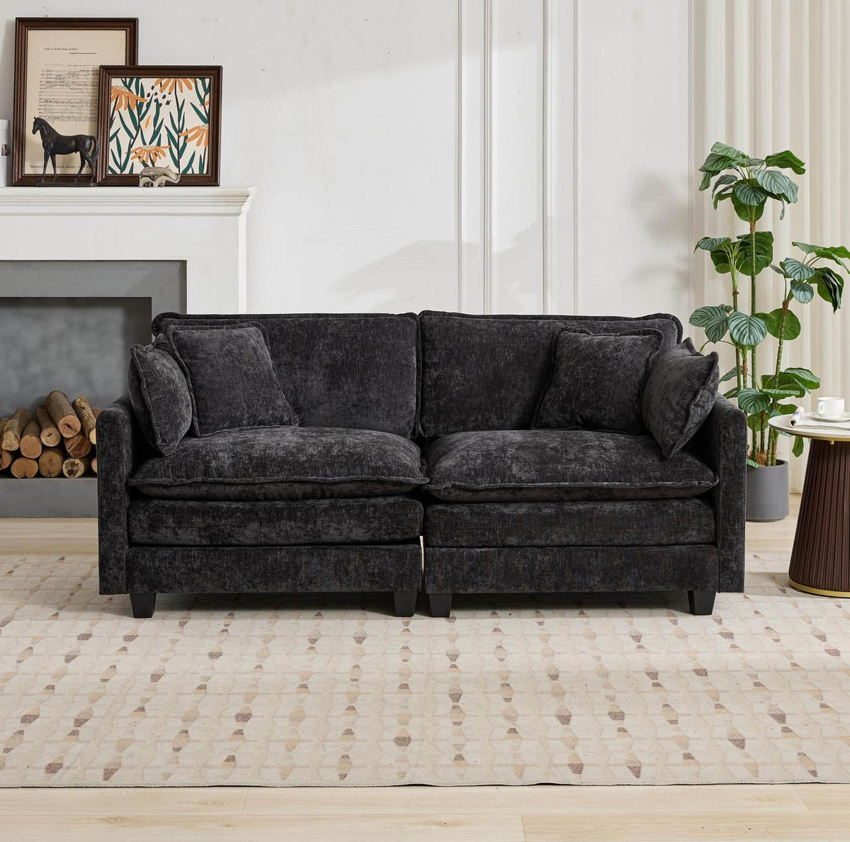 MODULSOFA flexibel kombinierbar Chenille Black - Schwarz, Holz (75/84/195cm) - Meubliv